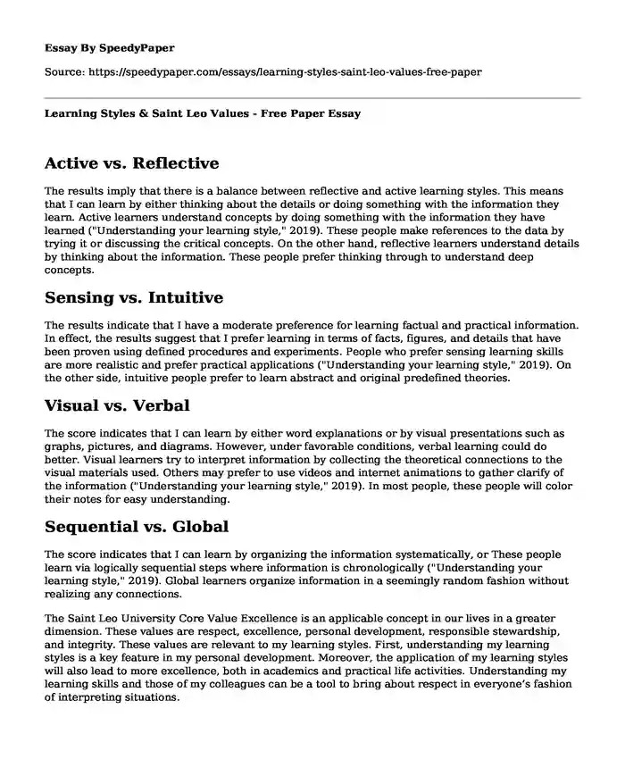 Learning Styles & Saint Leo Values - Free Paper