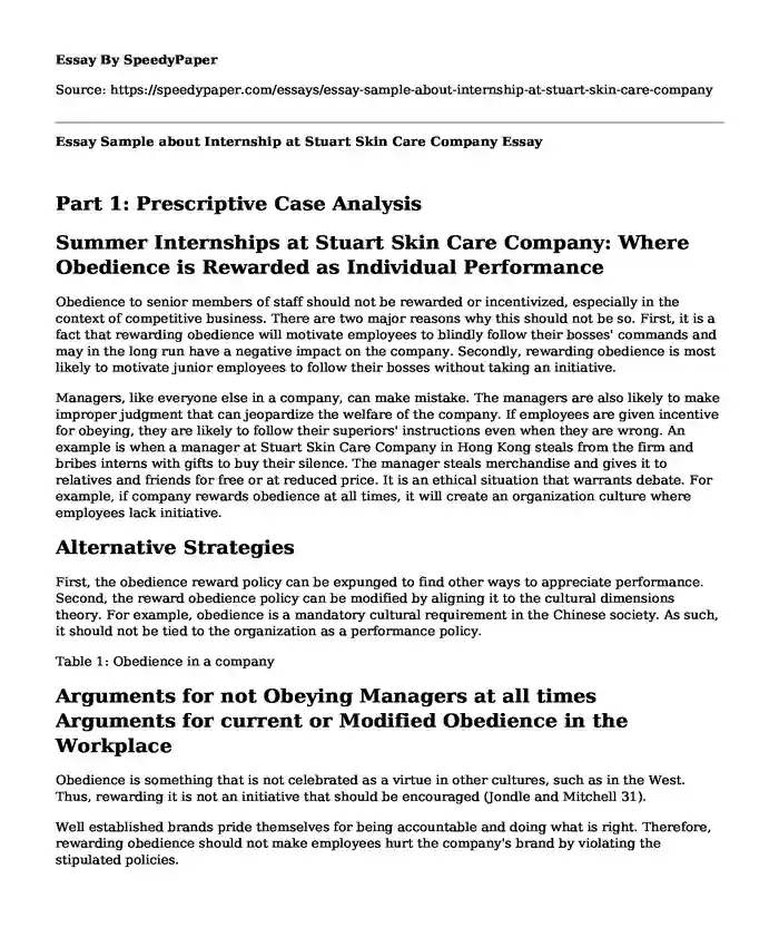 Essay Sample about Internship at Stuart Skin Care Company