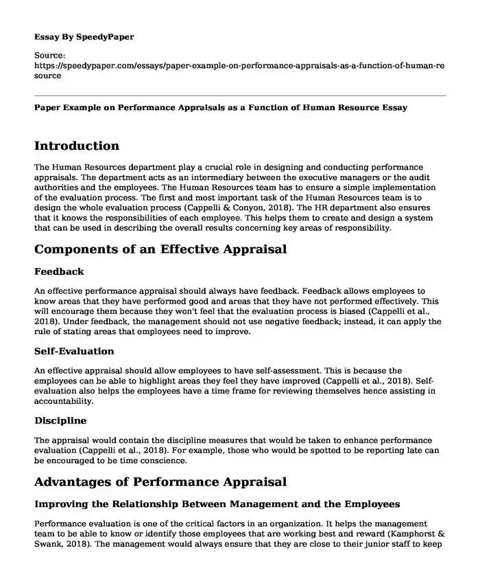 Paper Example on Performance Appraisals as a Function of Human Resource