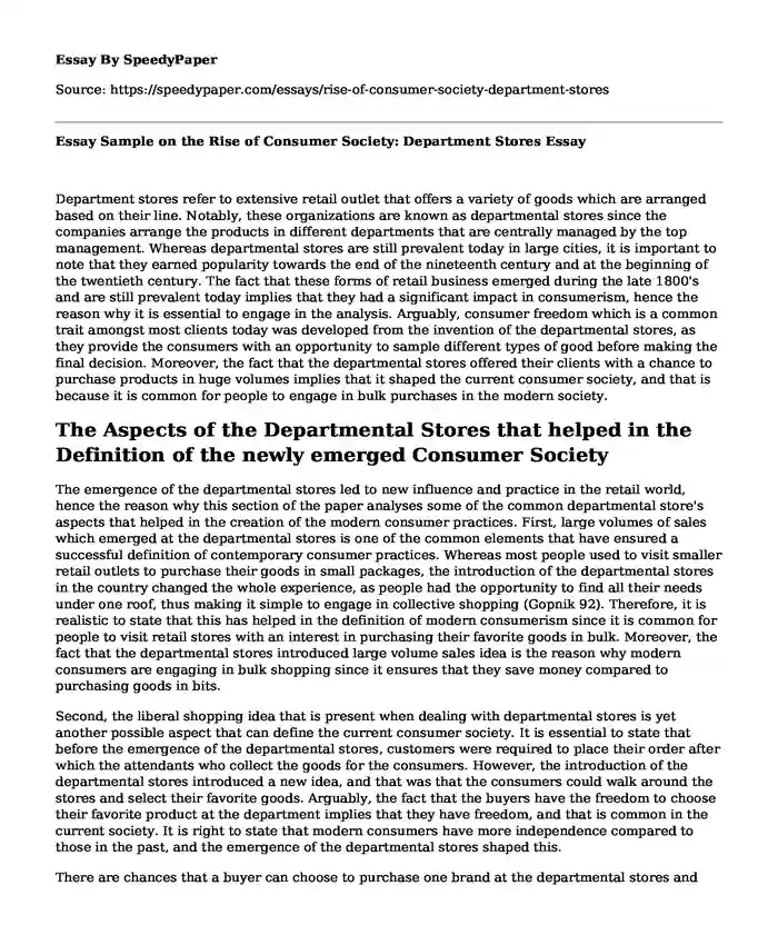 Essay Sample on the Rise of Consumer Society: Department Stores