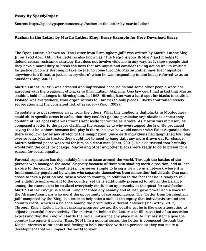 Racism in the Letter by Martin Luther King, Essay Example for Free Download