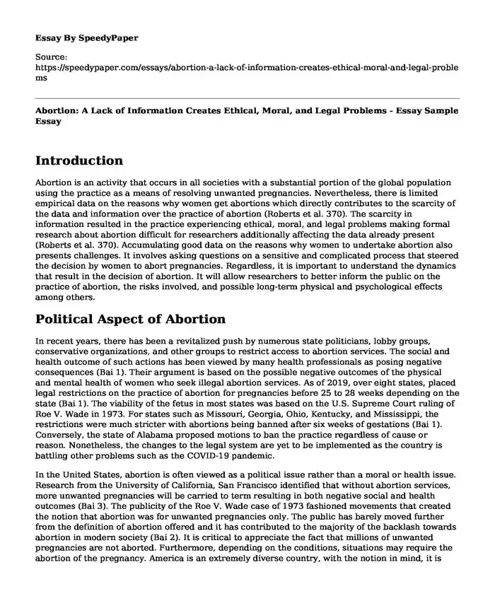 Abortion: A Lack of Information Creates Ethical, Moral, and Legal Problems - Essay Sample