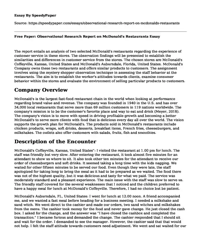Free Paper: Observational Research Report on McDonald's Restaurants