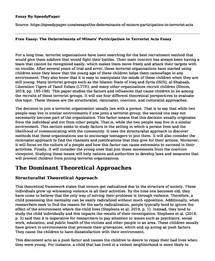 Free Essay: The Determinants of Minors' Participation in Terrorist Acts