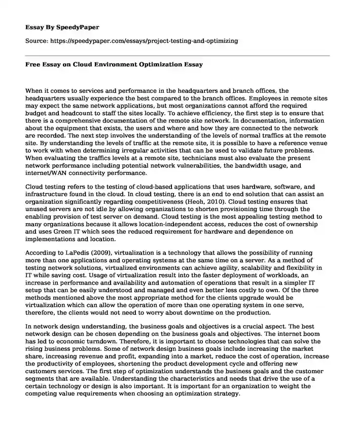Free Essay on Cloud Environment Optimization