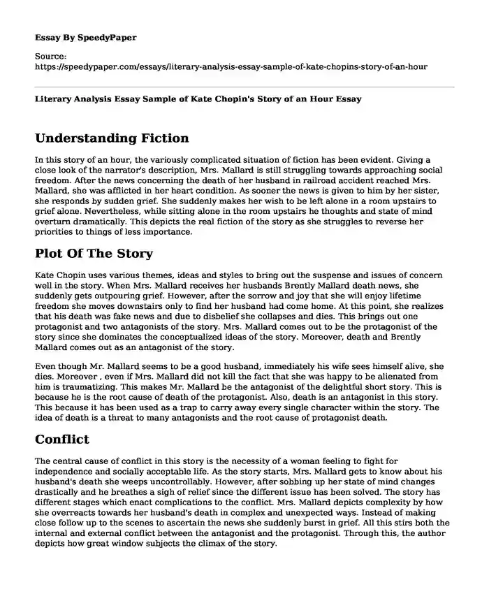 Literary Analysis Essay Sample of Kate Chopin's Story of an Hour
