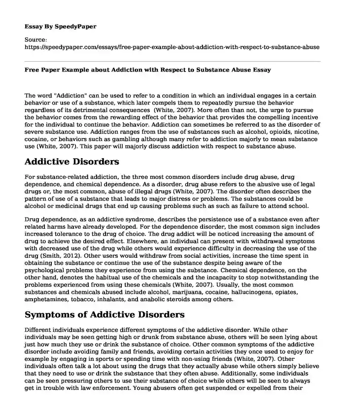 Free Paper Example about Addiction with Respect to Substance Abuse