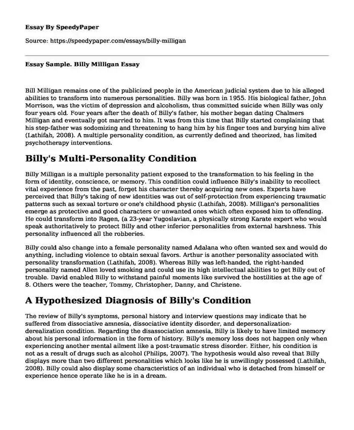  Essay Sample. Billy Milligan