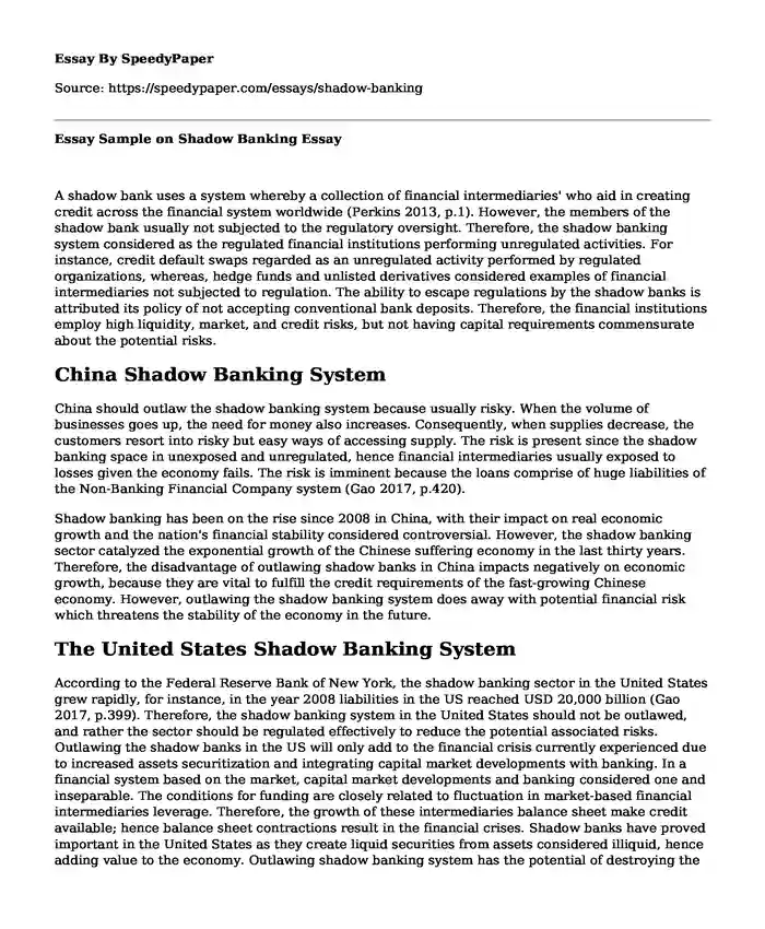 Essay Sample on Shadow Banking