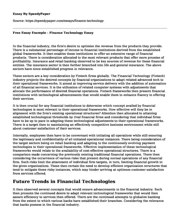 Free Essay Example - Finance Technology