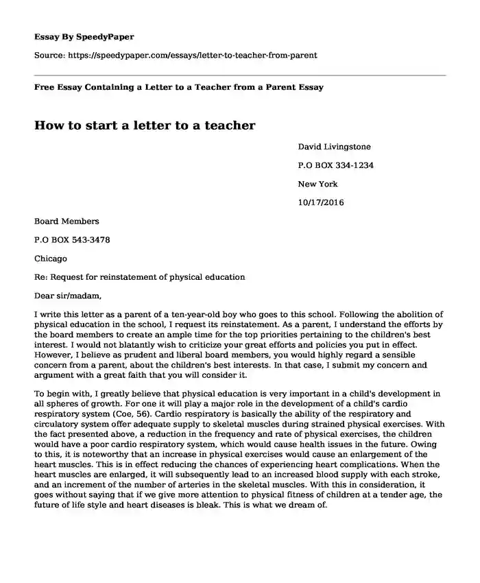 Free Essay Containing a Letter to a Teacher from a Parent