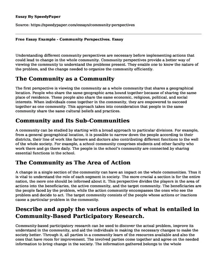 Free Essay Example - Community Perspectives.