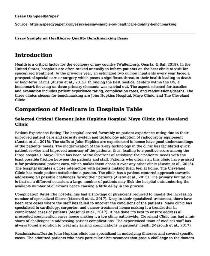 Essay Sample on Healthcare Quality Benchmarking