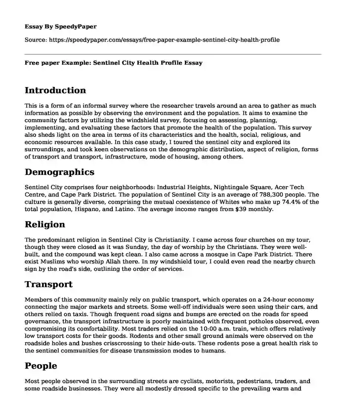 Free paper Example: Sentinel City Health Profile
