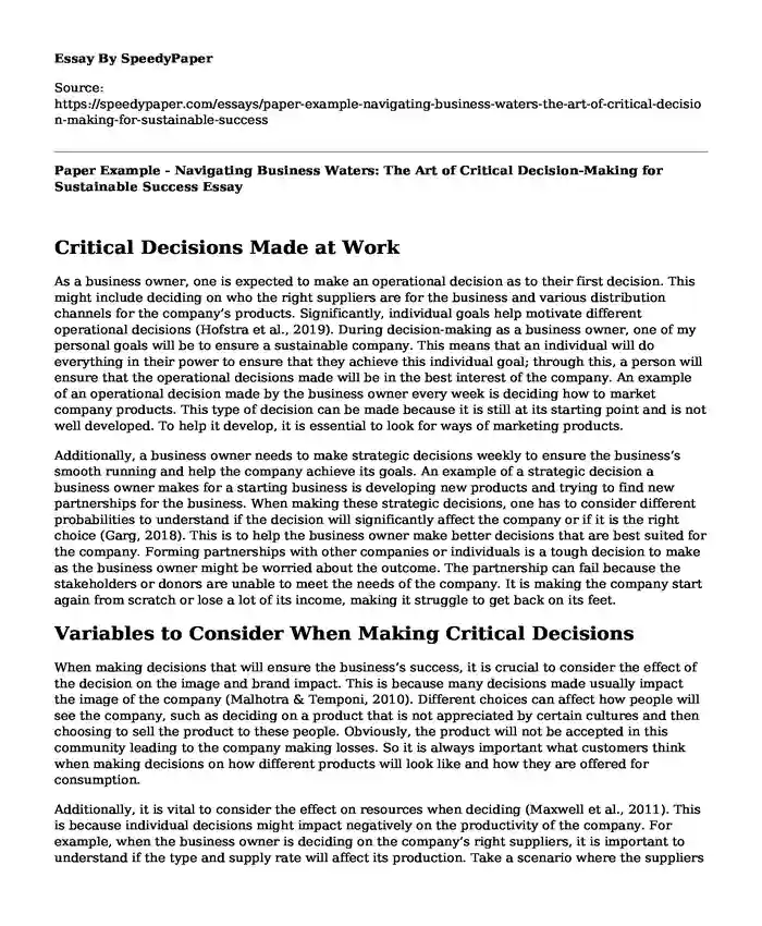 Paper Example - Navigating Business Waters: The Art of Critical Decision-Making for Sustainable Success