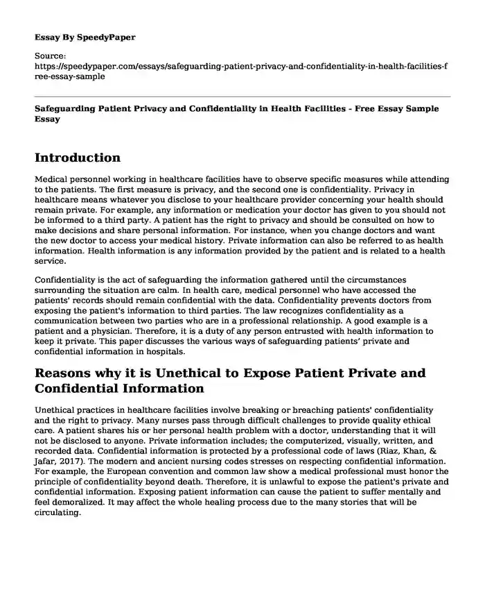 Safeguarding Patient Privacy and Confidentiality in Health Facilities - Free Essay Sample