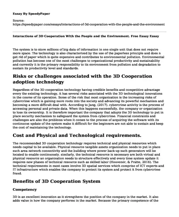 Interactions of 3D Cooperation With the People and the Environment. Free Essay