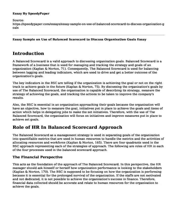 Essay Sample on Use of Balanced Scorecard to Discuss Organization Goals