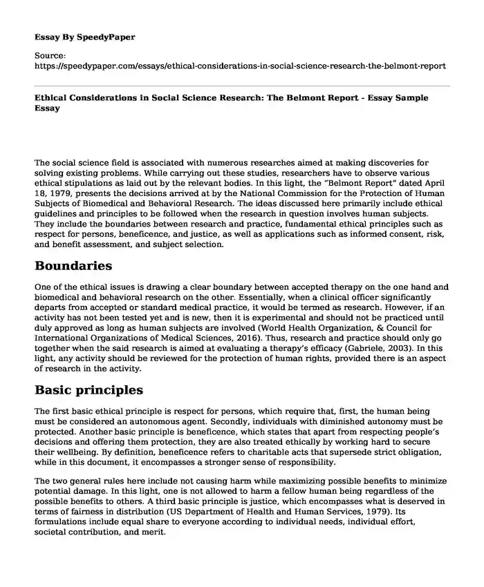 Ethical Considerations in Social Science Research: The Belmont Report - Essay Sample