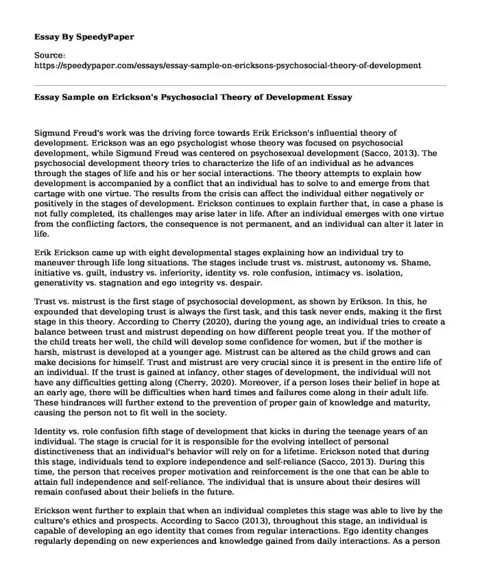 Essay Sample on Erickson's Psychosocial Theory of Development