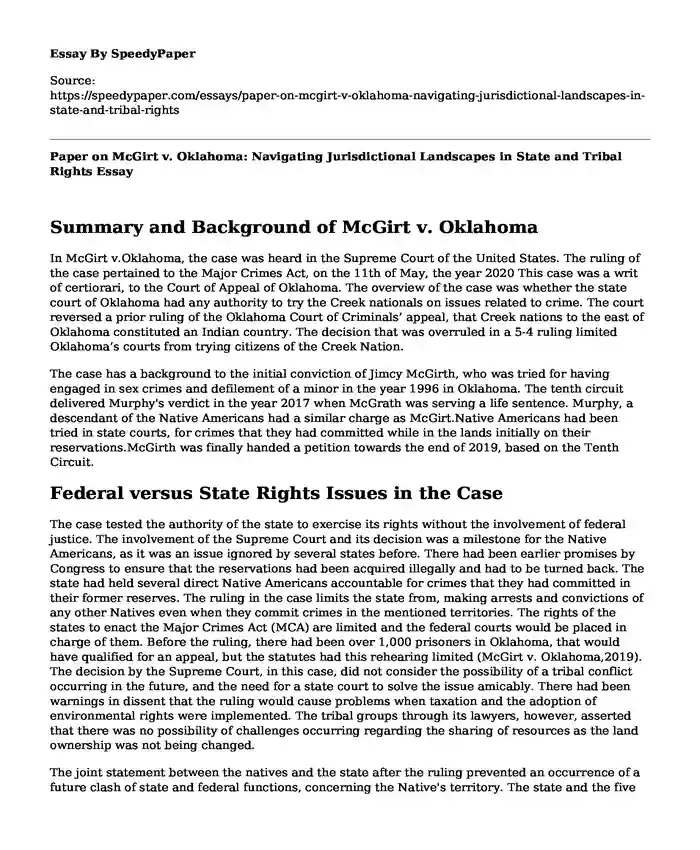 Paper on McGirt v. Oklahoma: Navigating Jurisdictional Landscapes in State and Tribal Rights