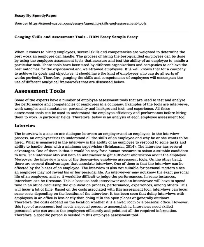Gauging Skills and Assessment Tools - HRM Essay Sample