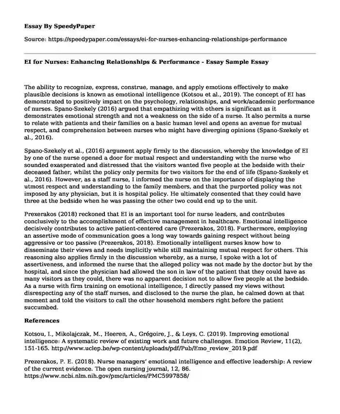 EI for Nurses: Enhancing Relationships & Performance - Essay Sample