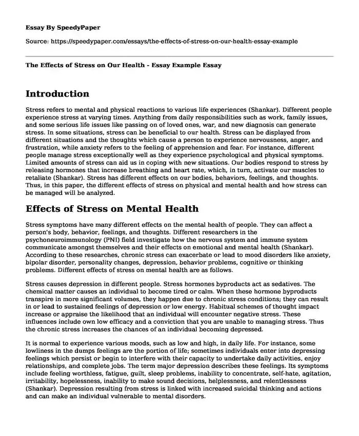 The Effects of Stress on Our Health - Essay Example