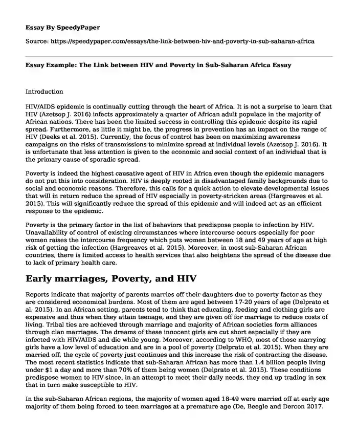 Essay Example: The Link between HIV and Poverty in Sub-Saharan Africa