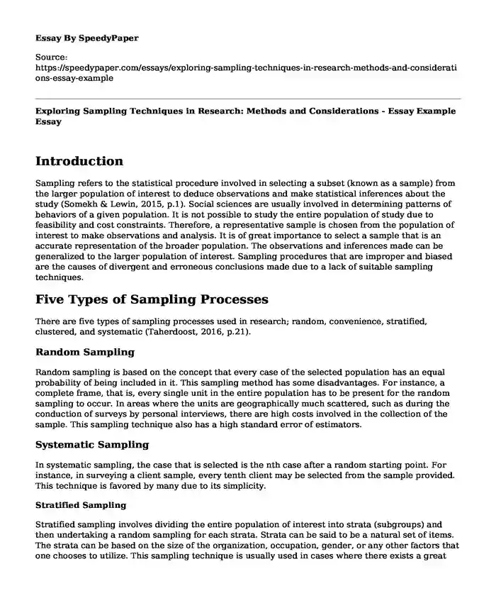 Exploring Sampling Techniques in Research: Methods and Considerations - Essay Example