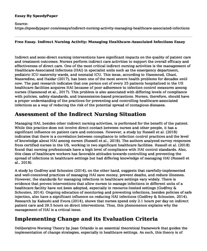 Free Essay. Indirect Nursing Activity: Managing Healthcare-Associated Infections