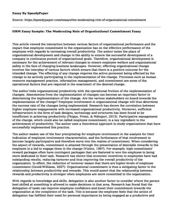HRM Essay Sample: The Moderating Role of Organizational Commitment