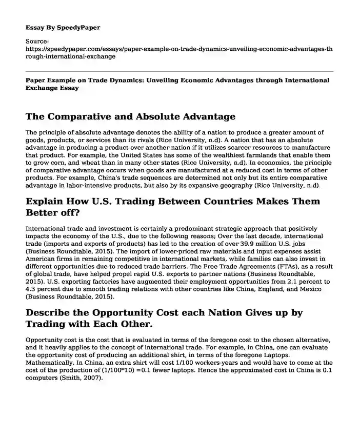 Paper Example on Trade Dynamics: Unveiling Economic Advantages through International Exchange