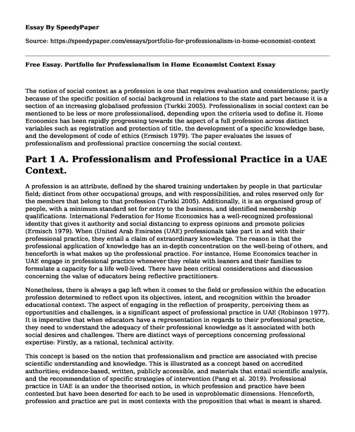 Free Essay. Portfolio for Professionalism in Home Economist Context