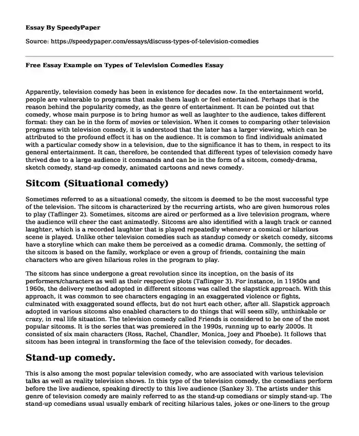 Free Essay Example on Types of Television Comedies