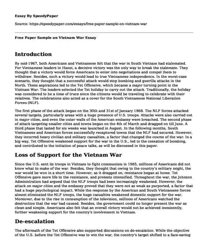 Free Paper Sample on Vietnam War