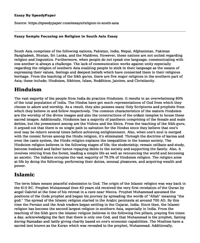 Essay Sample Focusing on Religion in South Asia