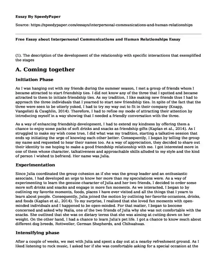 Free Essay about Interpersonal Communications and Human Relationships