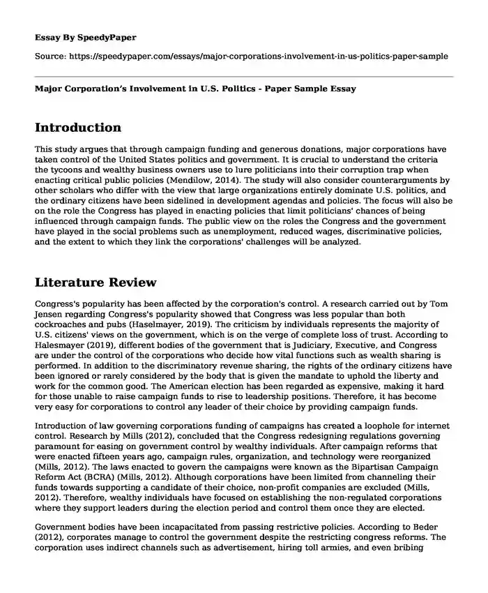 Major Corporation's Involvement in U.S. Politics - Paper Sample