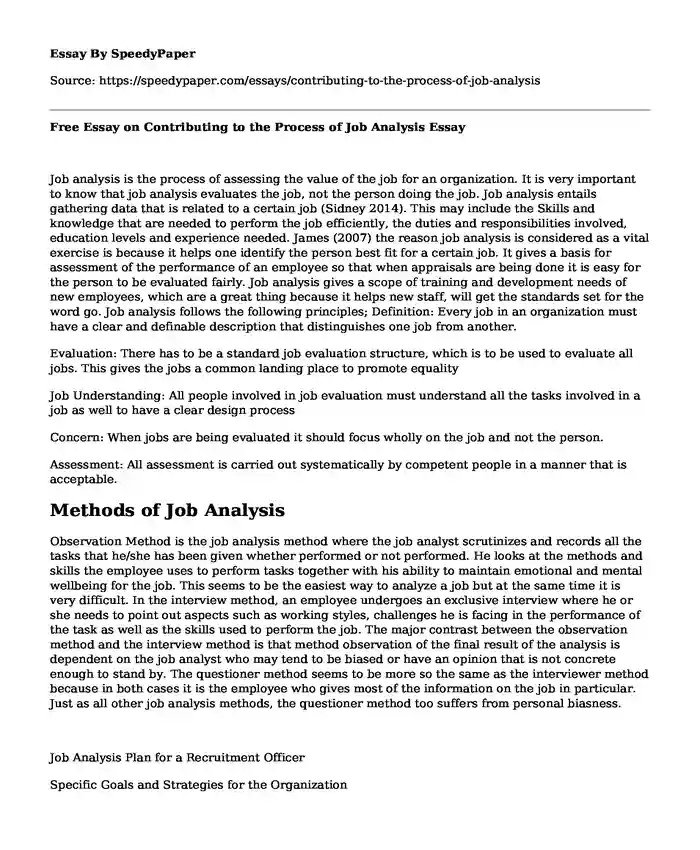 Free Essay on Contributing to the Process of Job Analysis