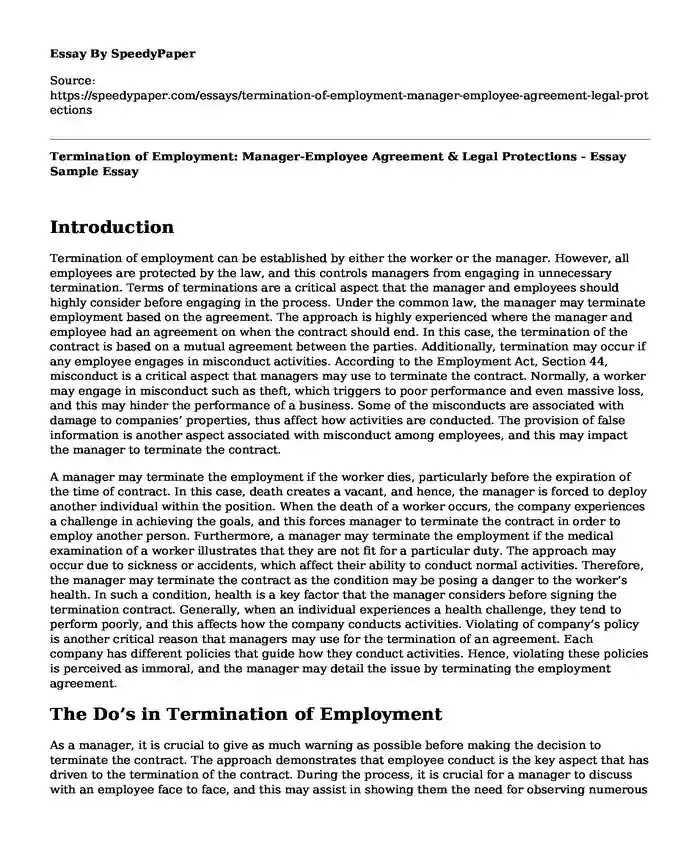 Termination of Employment: Manager-Employee Agreement & Legal Protections - Essay Sample