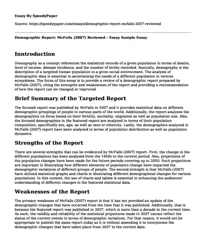 Demographic Report: McFalls (2007) Reviewed - Essay Sample