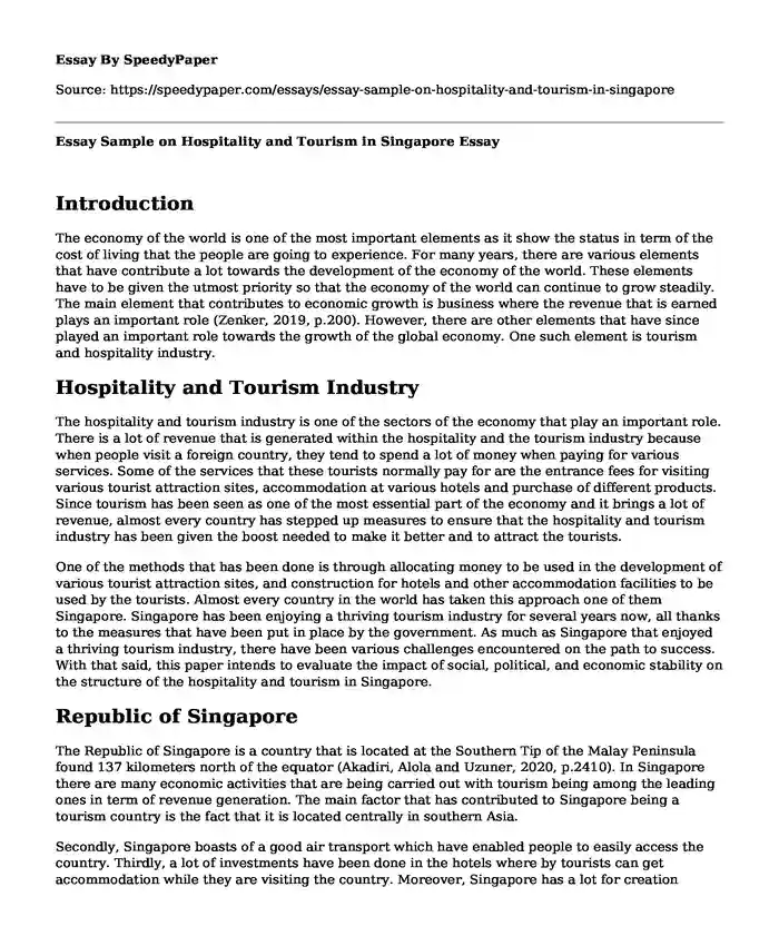 Essay Sample on Hospitality and Tourism in Singapore
