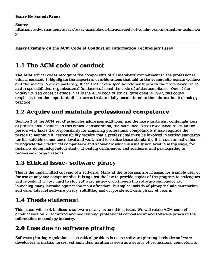 Essay Example on the ACM Code of Conduct on Information Technology