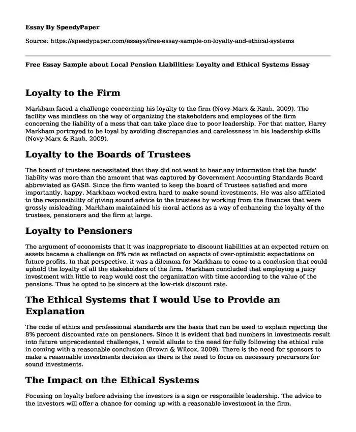 Free Essay Sample about Local Pension Liabilities: Loyalty and Ethical Systems