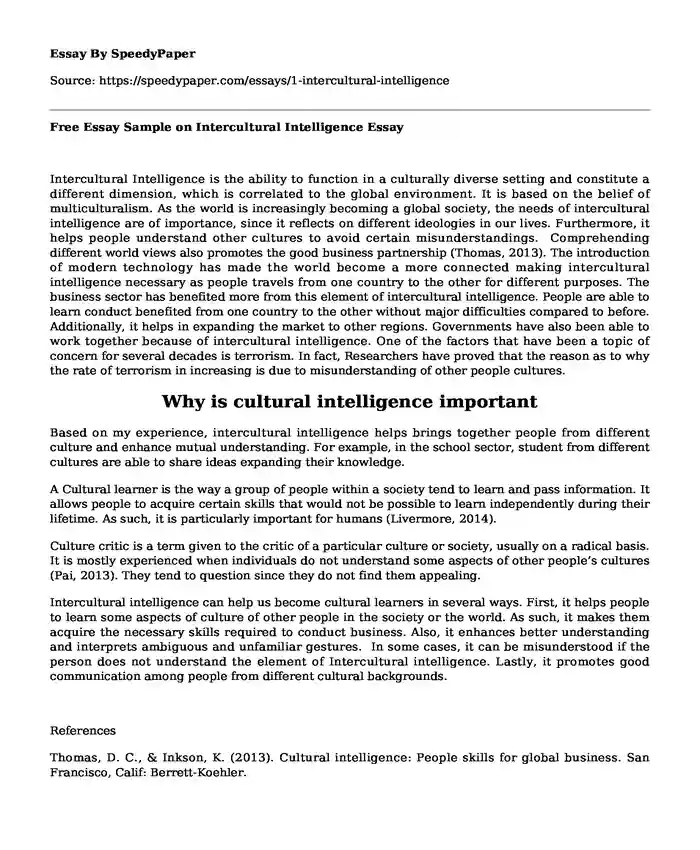 Free Essay Sample on Intercultural Intelligence 