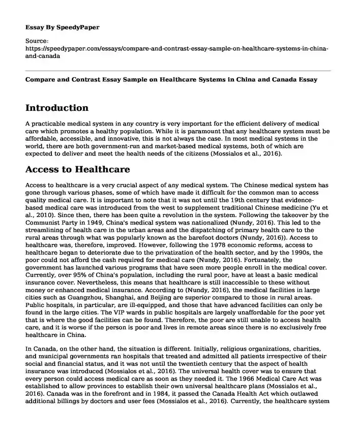 Compare and Contrast Essay Sample on Healthcare Systems in China and Canada