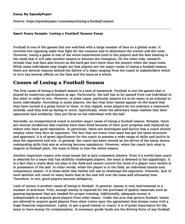 Sport Essay Sample: Losing a Football Season