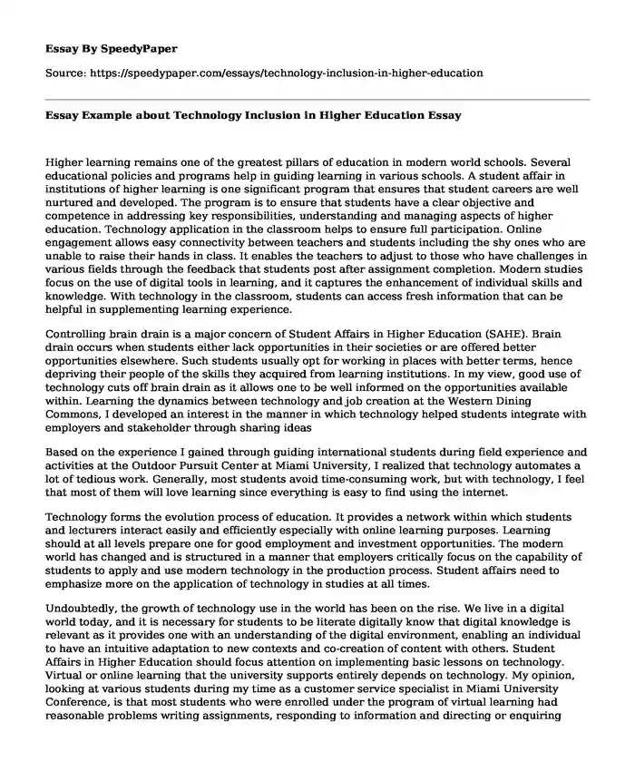 Essay Example about Technology Inclusion in Higher Education