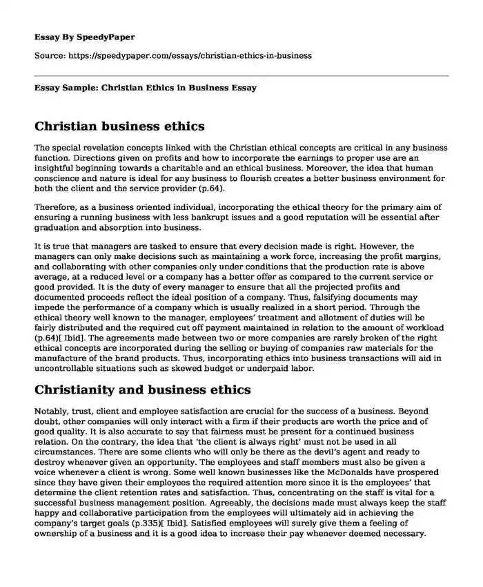 Essay Sample: Christian Ethics in Business